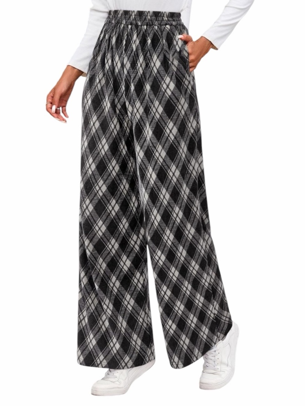 Women’s Plaid Black & White Elastic Waist Pull-On Wide Leg Pants Size Medium